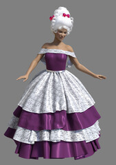 3D Woman in lace ball dress and rococo wig