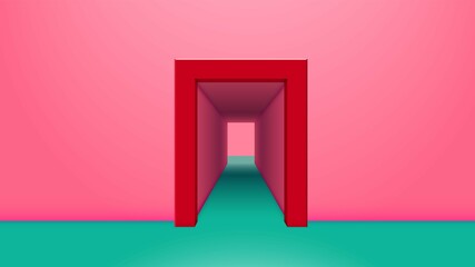 Vibrant pink room with green floor and open doorway with corridor. Abstract architecture background or invitation card backdrop.