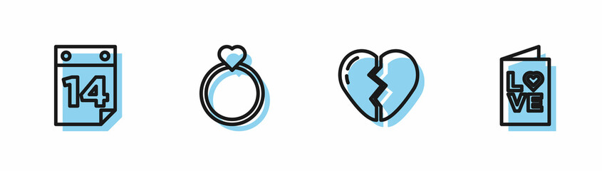 Set line Broken heart, Calendar with February 14, Wedding rings and Valentines day party flyer icon. Vector