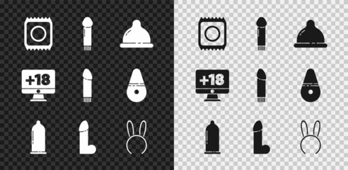 Set Condom in package safe sex, Dildo vibrator, Mask with long bunny ears, Monitor 18 plus content and icon. Vector - obrazy, fototapety, plakaty