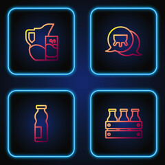 Set line Bottled milk in wooden box, Drinking yogurt bottle, Milk jug or pitcher and glass and Udder. Gradient color icons. Vector