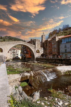 Romanesque stone bridge over the Ter river in Camprodon, Catalonia. Empty copy space for Editor's content