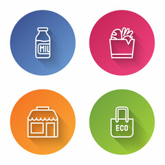 Set line Bottle with milk, Shopping bag and food, Market store and recycle. Color circle button. Vector