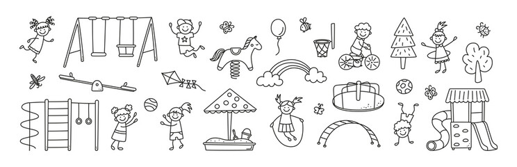 Funny kids and children playground. Swing, slide, teeter and sandbox in doodle style. Kid drawing of play ground elements. Hand drawn vector illustration on white background. Editable stroke. © Elena Pimukova