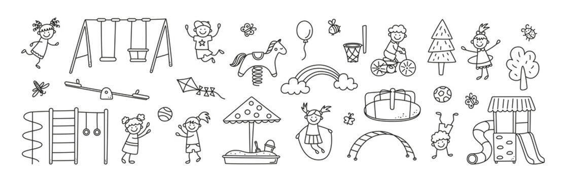 Funny kids and children playground. Swing, slide, teeter and sandbox in doodle style. Kid drawing of play ground elements. Hand drawn vector illustration on white background. Editable stroke.
