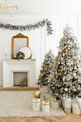 Beautiful Christmas tree in a decorated bright living room. Festive New Year's interior.
