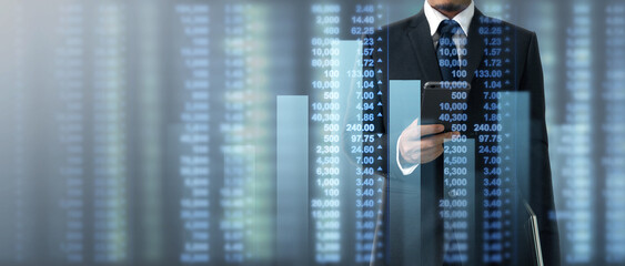 Hand holding smartphone device and touching screen. Stock exchange market concept