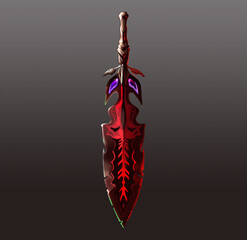 Concept art of fantasy knife. isolated game object, casual weapon on a dark background. Bright beautiful blade, icon for mobile application, computer strategy, online epic game. Battle, sharp sword.	