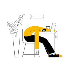 A tired man sleeps by an open laptop. Vector illustration in outline style on the theme of workaholism and fatigue. - obrazy, fototapety, plakaty