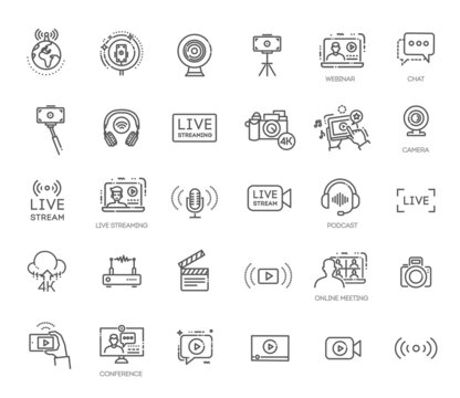 Stream icons set. Outline set of stream vector icons for web design isolated on white background
