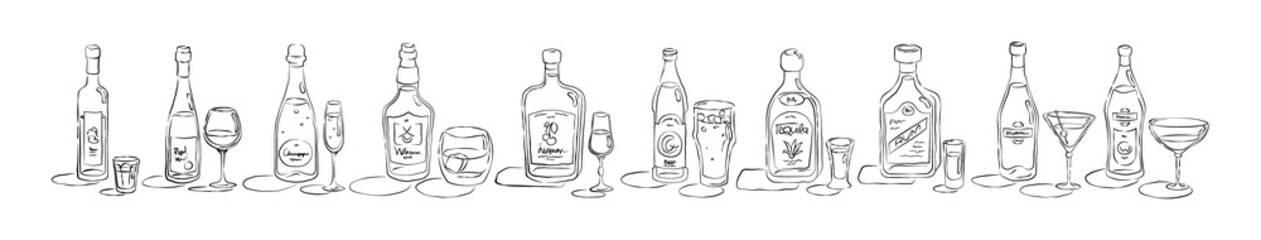 Bottle and glass vodka, wine, champagne, whiskey, liquor, beer, tequila, rum, martini, vermouth in hand drawn style. Beverage outline icon in row. Line art sketch on white background