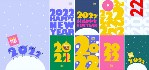 Fototapeta premium 2022. Happy new year. Big set. Collection of vector illustrations. Simple, flat design. Patterns and backgrounds. Perfect for poster, cover, banner.