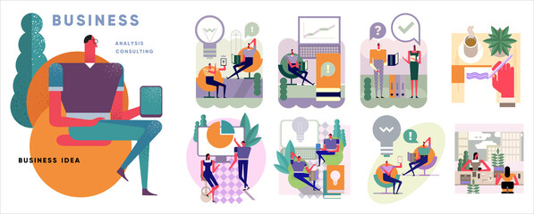 Business Marketing illustrations. Big set. Collection of vector illustrations. Simple, flat design. Patterns and backgrounds. Perfect for poster, cover, banner.