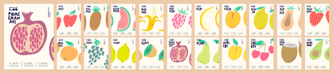Fruits are drawn. Big set. Collection of vector illustrations. Simple, flat design. Patterns and backgrounds. Perfect for poster, cover, banner.