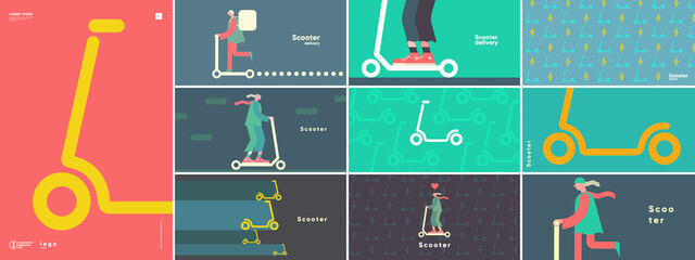 Scooter. Delivery. Electric scooter. Big set. Collection of vector illustrations. Simple, flat design. Patterns and backgrounds. Perfect for poster, cover, banner. © Molibdenis-Studio