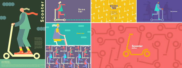 Scooter. Delivery. Electric scooter. Big set. Collection of vector illustrations. Simple, flat design. Patterns and backgrounds. Perfect for poster, cover, banner. © Molibdenis-Studio