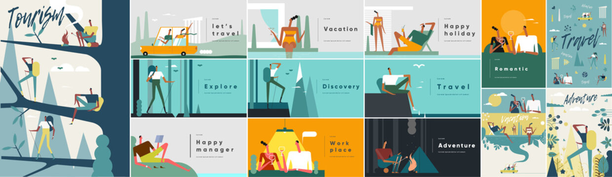 Travel, tourism and vacations. Big set. Collection of vector illustrations. Simple, flat design. Patterns and backgrounds. Perfect for poster, cover, banner.