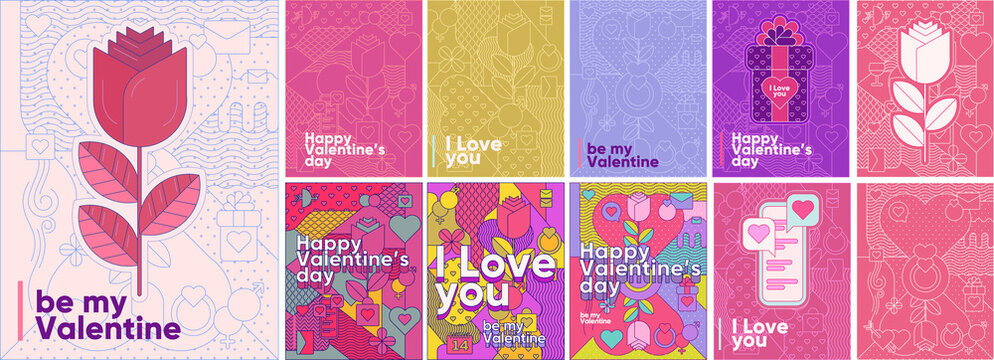 Valentine's day. Linear style. Big set. Collection of vector illustrations. Simple, flat design. Patterns and backgrounds. Perfect for poster, cover, banner.