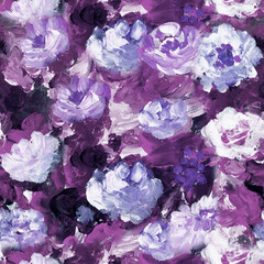 Purple abstract flowers seamless pattern, art painting, creative hand painted background, brush texture