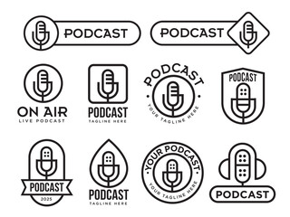 Set of podcast lineart logo in isolated background