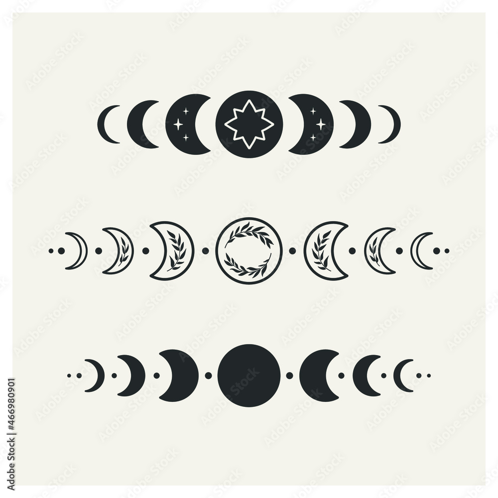 Wall mural moon phases set. through pattern on the black version of the phases. black and white vector illustra