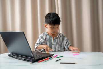 Distance Education,Child is sitting at desk,Boy doing homework or online education.