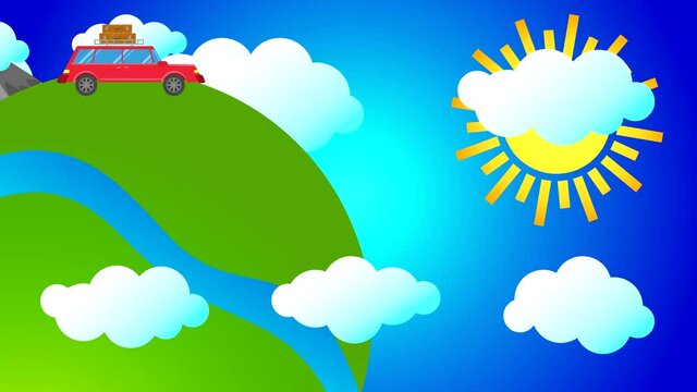 A red car with luggage drives on a green circular planet with houses, mountains and trees against a blue sky with clouds and sun.