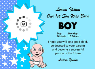 baby boy birth card vector template, baby birth thank you card. beautiful, cool and creative templates. soft blue color birth card template star and place decoration image