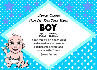 baby boy birth card vector template, baby birth thank you card. beautiful, cool and creative templates. soft blue birth card template with rhombus pattern and star texture