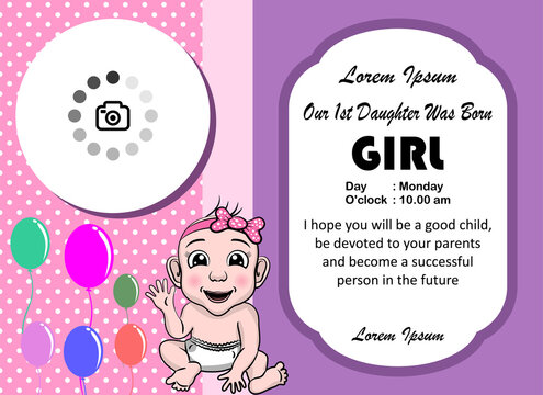baby girl birth card vector template, baby birth thank you card. beautiful, cool and creative templates. pink purple birth card template with balloon decoration and place image