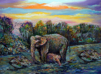   Art painting Oil color Elephant family thailand ,   Countryside  