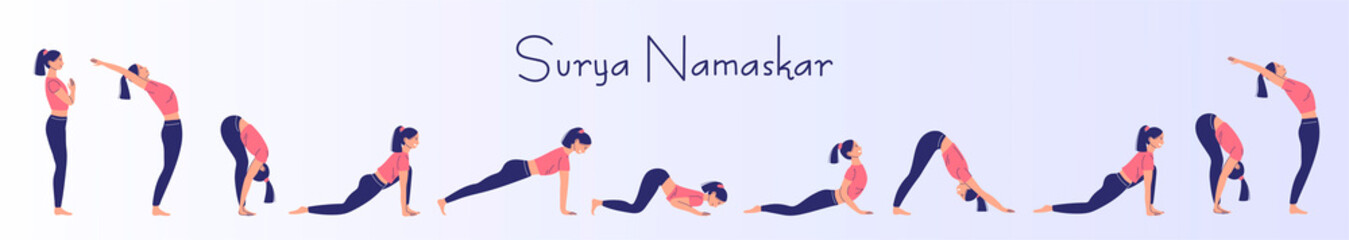 surya namaskar, greeting the sun, complex of asanas in yoga. cartoon style