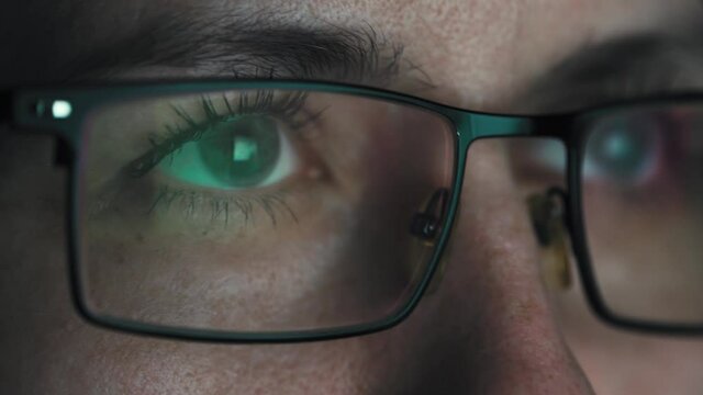Timelapse shot, close-up of a woman's eye looking at a computer screen while surfing the internet. The display light is reflected in the glasses. The pupils move quickly in different directions