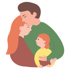 A happy heterosexual family. Mom and dad hug their little daughter. Family Day. Flat vector illustration