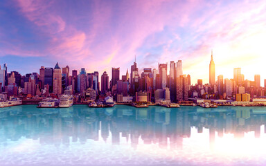 Panorama of new york city at sunset with clouds and light reflection