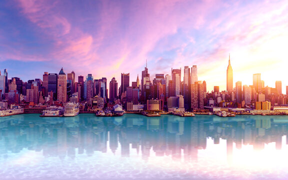 Panorama of new york city at sunset with clouds and light reflection