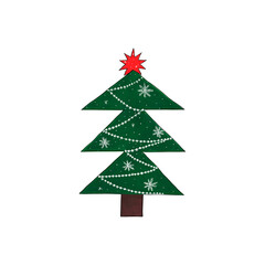 Christmas tree, with white snowflakes, a garland and a red star. Icon. Holiday symbol. Watercolor illustration.