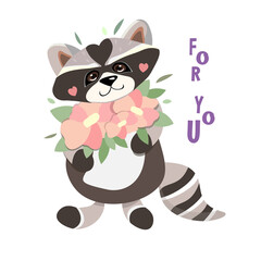 Cute raccoon with a bouquet of pink flowers and green leaves, in full growth. vector illustration, hand drawn, isolated, not traced, great postcard or print on a t-shirt, stationery.