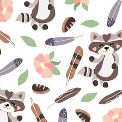 Pattern cute raccoon girl, feathers and pebbles, pink flowers. Vector illustration childrens theme, seamless texture. Print on fabric, paper, dishes.