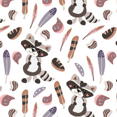 Pattern with a cute raccoon, feathers and pebbles, vector illustration for children, seamless texture. Print on fabric, paper, dishes.
