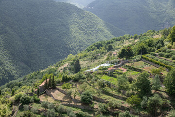 Small farms and idyllic hills view from Triora, Liguria, Italy