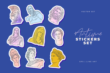 Linear drawings of heads of antique statues of the goddess and mythical god in the engraving style. Stickers collection.