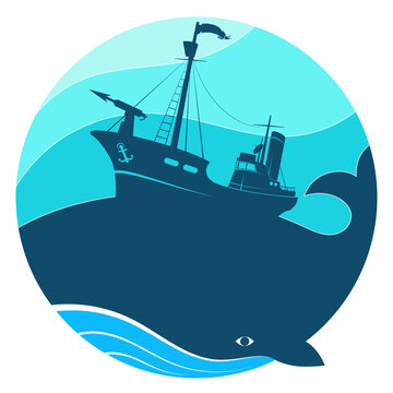 Whaling ship on the waves. The ship is hunting a whale. Industrial fishing symbol