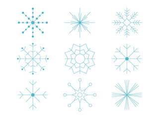 Editable set of cartoon frozen snowflakes. Snowflakes of all shapes and forms. Snowflake design kit for winter decorations. Winter elements of blue Christmas frost flakes crystal

