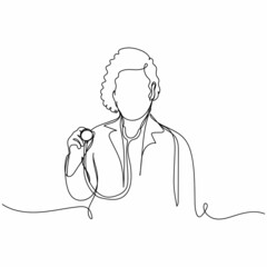 Vector continuous one single line drawing icon of woman medical doctor with stethoscope in silhouette on a white background. Linear stylized.