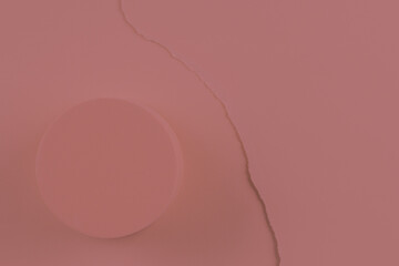 Abstract trendy composition with empty round podium platform for product presentation and curve shaped torn paper edge on pastel pink background. Top view