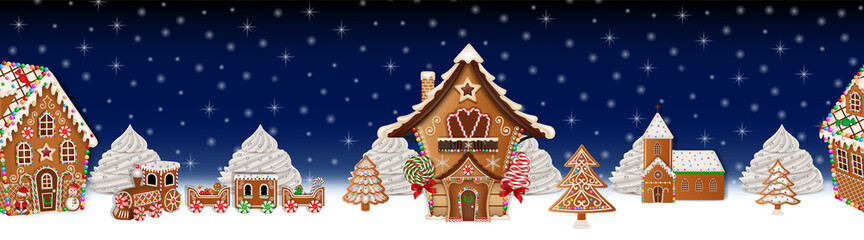 christmas seamless border with gingerbread landscape. christmas banner with gingerbread house, church, train and tree