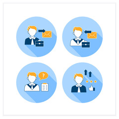 Effective communication flat icons set. Self efficacy, asking questions, receiver, sender. Intercourse concept. Vector illustrations