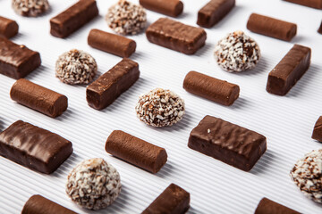 Assorted chocolate candies on wooden background. Chocolate sweets. Dessert background.