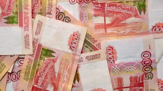 Banknotes of russian rubles with a face value of five thousand, The view from the top. Money